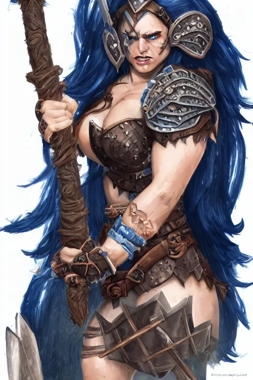 Prompt: Full picture of dark blue haired female barbarian orc, athletic, fantasy, D&D, intricate armor, intricate two handed axe, trending on artstation, arstationhd, HD