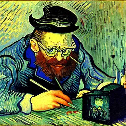 Prompt: grumpy software dev working on a pair of spectacles, surreal, dali, van gogh