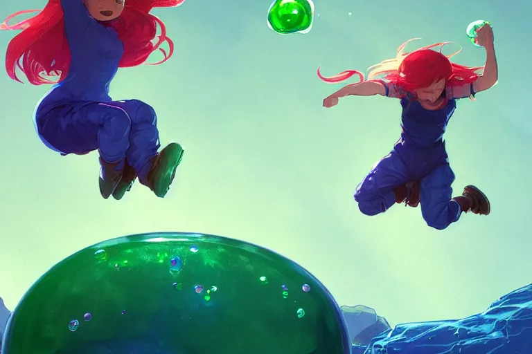 Prompt: madeline from celeste jumping to a green jelly bubble, ( ( ( blue bubble jacket ) ) ) ( ( ( red long hair ) ) ), highly detailed, digital painting, artstation, concept art, sharp focus, illustration, art by greg rutkowski and alphonse mucha