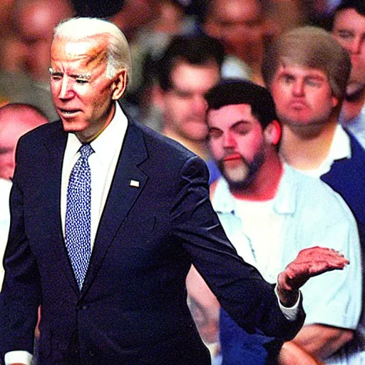 Image similar to joe biden getting body slammed at 1 9 9 9 wrestlemania