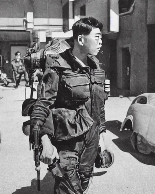 Prompt: Photos of a Kerberos Panzer Cop, hyperreal, Atmospheric, 1950s Japan, full Color, Science Fiction