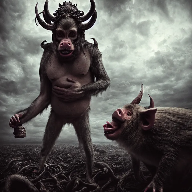 Image similar to portrait of a demon with pig body, monkey head, down curved horns, four hands on exoplanet, wrecked technology, dark clouds, surreal abandoned buildings, dream-like heavy atmosphere, baroque painting, beautiful detailed intricate insanely detailed octane render trending on Artstation, 8K artistic photography, photorealistic, dramatic volumetric cinematic light, chiaroscuro, award-winning photograph, masterpiece, Raphael, Caravaggio, Beksinski, Giger