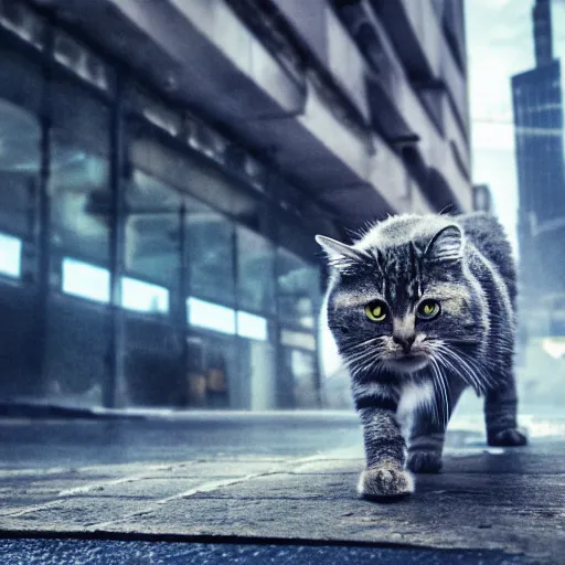 Prompt: photo of a cat walking through a dystopian futuristic cyberpunk city, highly detailed, high quality, HD, 4k, 8k, Canon 300mm, professional photographer, 40mp, lifelike, top-rated, award winning