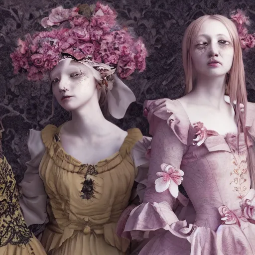 Prompt: 8k, octane render, realism, tonalism, renaissance, rococo, baroque, group of creepy young ladies wearing long tonal harajuku manga dress with flowers and skulls, background chaotic flowers