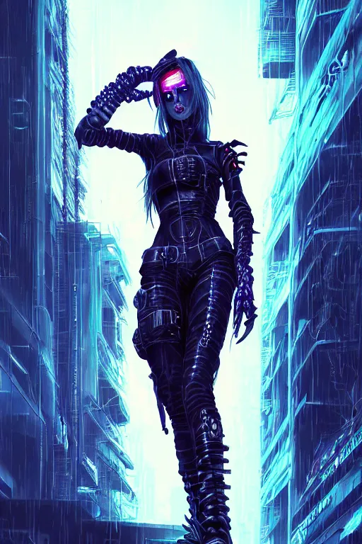 Image similar to portrait futuristic demonic cyberpunk female pirate, in futuristic stormy thunder rainning moonlight tokyo rooftop cyberpunk night, ssci-fi, fantasy, intricate, very very beautiful, elegant, neon light, highly detailed, digital painting, artstation, concept art, soft light, hdri, smooth, sharp focus, illustration, art by tian zi and craig mullins and WLOP and alphonse mucha