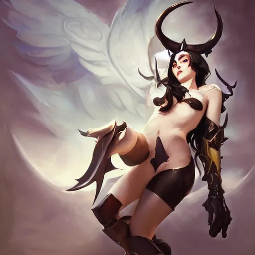 Image similar to greg manchess portrait painting of albedo from nazarick with dark long hair and white horns and wings as overwatch character, medium shot, asymmetrical, profile picture, organic painting, sunny day, matte painting, bold shapes, hard edges, street art, trending on artstation, by huang guangjian and gil elvgren and sachin teng