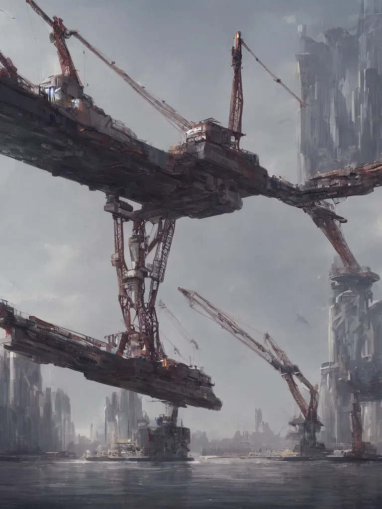 Image similar to a science fiction harbour, gigantic crane, james paick, trending on artstation