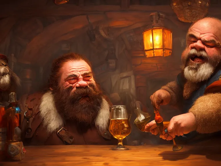 Image similar to Drunk Dwarf and his Bear start a fight at the Tavern, RPG Portrait, Oil Painting, Trending on Artstation, octane render, Insanely Detailed, 8k, HD