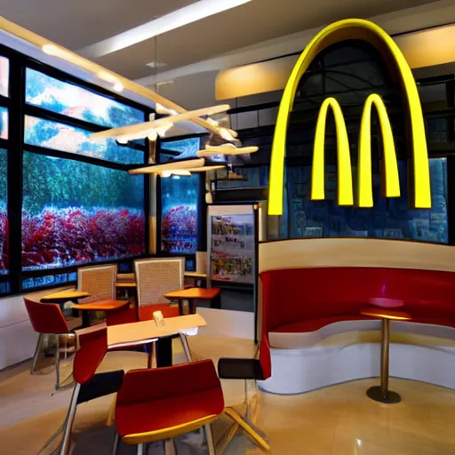 Image similar to mcdonalds designed by Claude Monet, interior photography