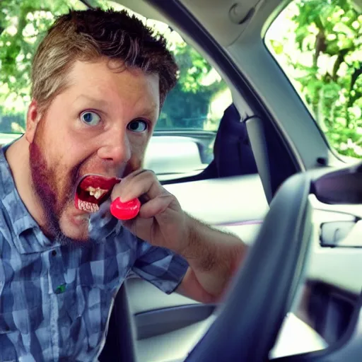 Image similar to food reviewer sitting in their car eating rotten flesh