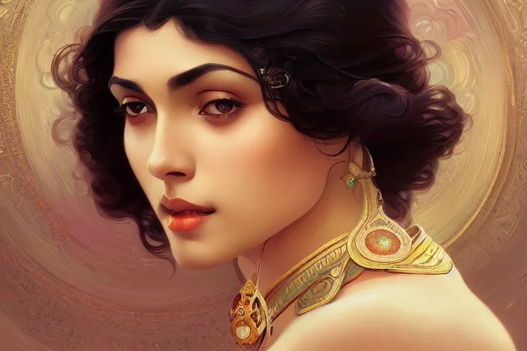 Image similar to sensual pale beautiful bengali girl, art deco portrait, elegant, intricate, digital painting, artstation, concept art, smooth, sharp focus, illustration, art by artgerm and greg rutkowski and alphonse mucha