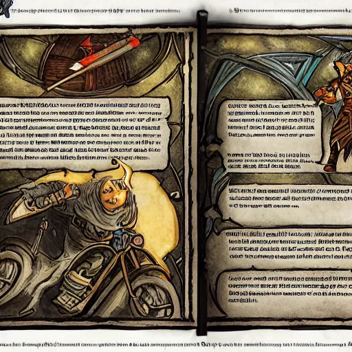 Image similar to dungeons and dragons, wizard on a motorcycle, concept art, players handbook, very detailed, mechanic, schematic, illustration, stats