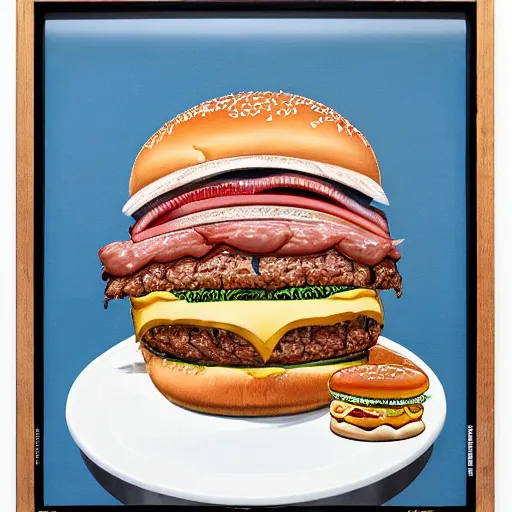 Image similar to donald trump! licking! a burger with his! tongue! out, art by jenny saville and earl norem, studio lighting, rim light, key light, food photography, detailed, sharp, smooth