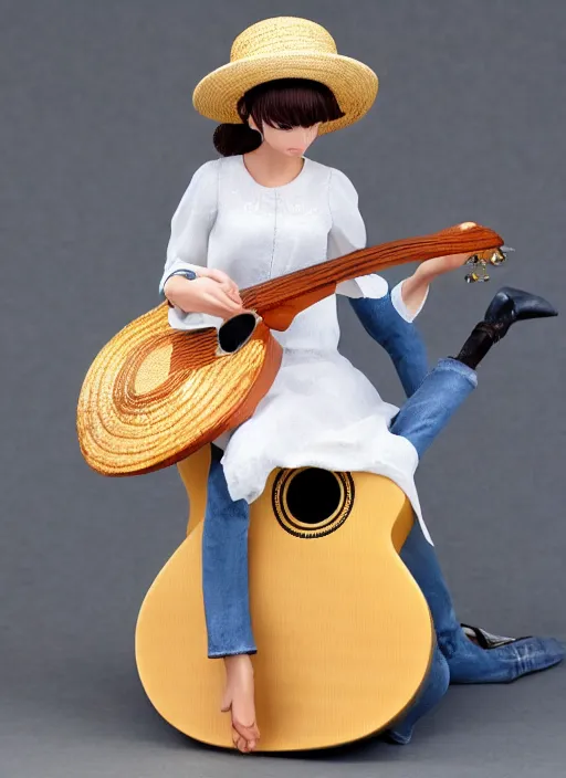 Prompt: Fine Image on the store website, eBay, Full body, 80mm resin figure of a Straw hat cute girl playing guitar, environmental light from the front