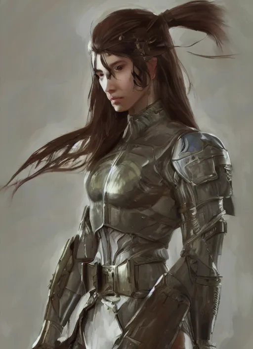 Image similar to a professional painting of a beautiful young female, clothed in military armor, olive skin, long dark hair, beautiful bone structure, symmetrical facial features, intricate, elegant, digital painting, concept art, smooth, sharp focus, illustration, from Metal Gear, by Ruan Jia and Mandy Jurgens and Artgerm and William-Adolphe Bouguerea