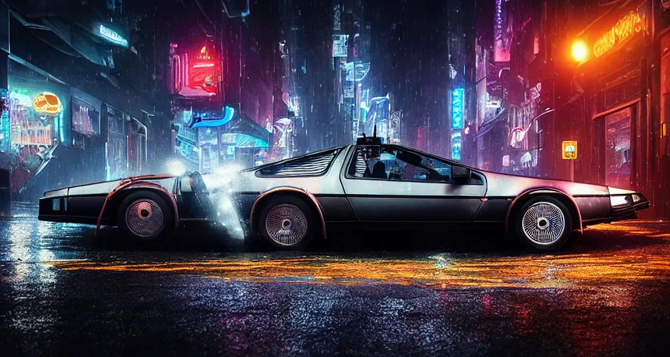 Image similar to a 2 8 mm closeup photo of a delorean tron tesla car on wet city street at night, intricate, hyper detailed, smooth, high contrast, neon, volumetric lighting, octane, moebius, greg rutkowski, blade runner, ripley scott, cindmatic