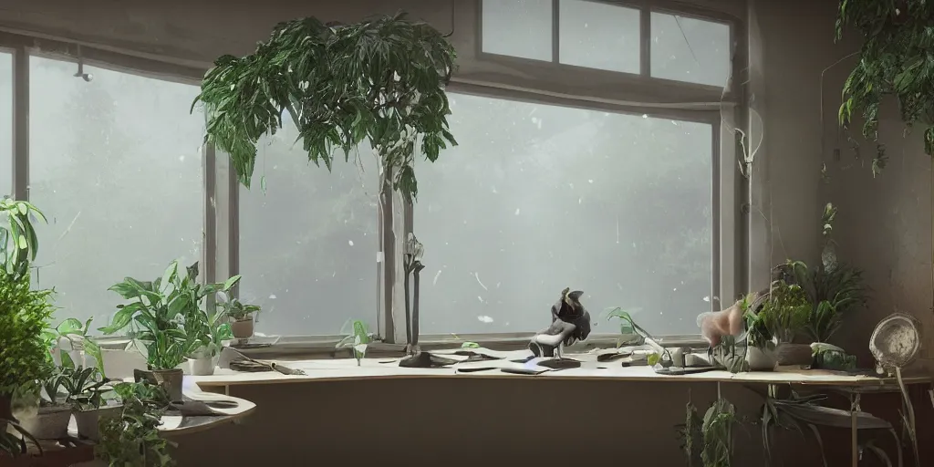 Prompt: kamwei fong cat desk office mirrors plants gloomy strange weird mist curious fish luminous bloom windows insect atmosphere sense awe 4 k 8 k render 3 d unreal engine 5 octane by nikolina petolas