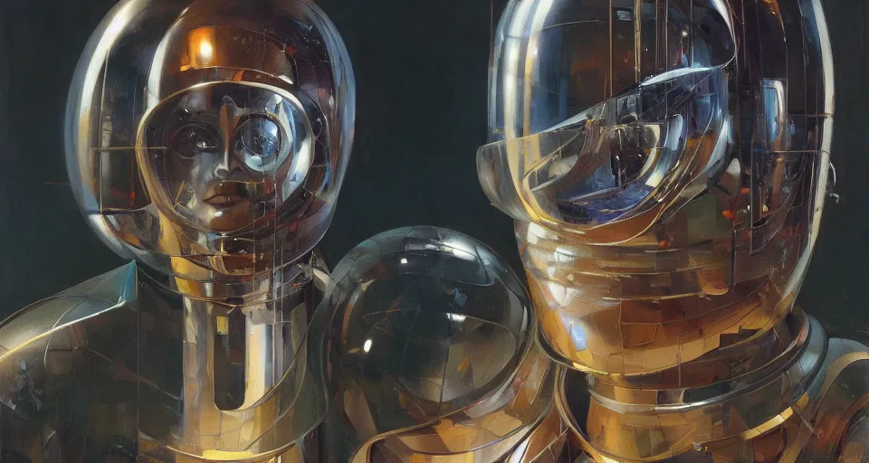 Prompt: a portrait headshot of sci fi metallic human, bright eyes, melancholic complex geometric figure liminal machinery by oskar schlemmer, moebius, john berkey, oil on canvas, portrait facial head, featured on artstation, hd wallpaper