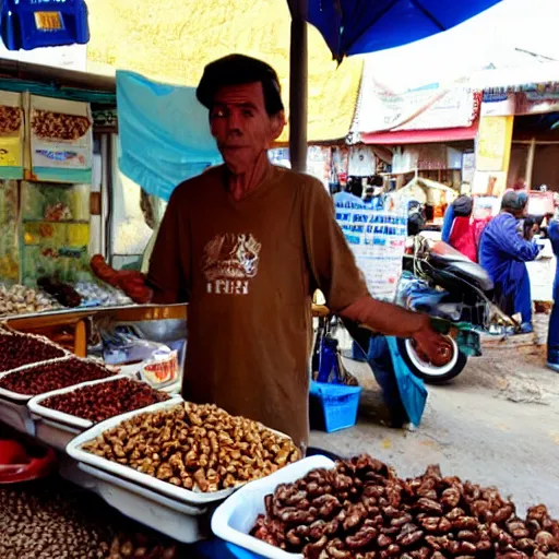 Prompt: photo of dee's nuts. nut seller stand in a bazaar