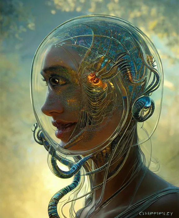 Image similar to intricate transparent clear see - through portrait of a terrifying beautiful alien insect, mottled coloring, adorable, childlike, pastoral environment, ultra realistic, concept art, art nouveau, photorealistic, octane render, 8 k, unreal engine. art by christopher marley and artgerm and greg rutkowski and alphonse mucha