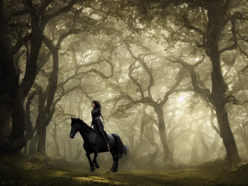 Image similar to a woman ridingon a strong black horse through a oak and beech forrest, rays of life, cinematic, fantasy art, moody morning light, cryengine, trending on artstation, by peter jackson