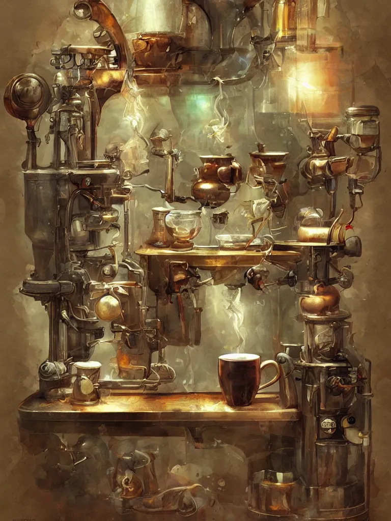 Image similar to ancient coffee machine, by Simon Stalenhaag, by Yoshita Amano, by Esao Andrews, sharp focus, fresh colors, deviantart, conceptart