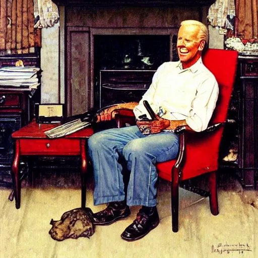 Image similar to a norman rockwell painting of the Joe Biden sitting in a chair, cozy fire, award winning,