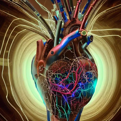 Image similar to a human heart, revealing wires and electronics, hooked - up, sci - fi, missing panels, intricate abstract upper body intricate artwork, concept art, octane render, deviantart, cinematic, key art, hyperrealism, iridescent accents, portrait photograph, nikon 3 5 mm, photograph by greg rutkowski