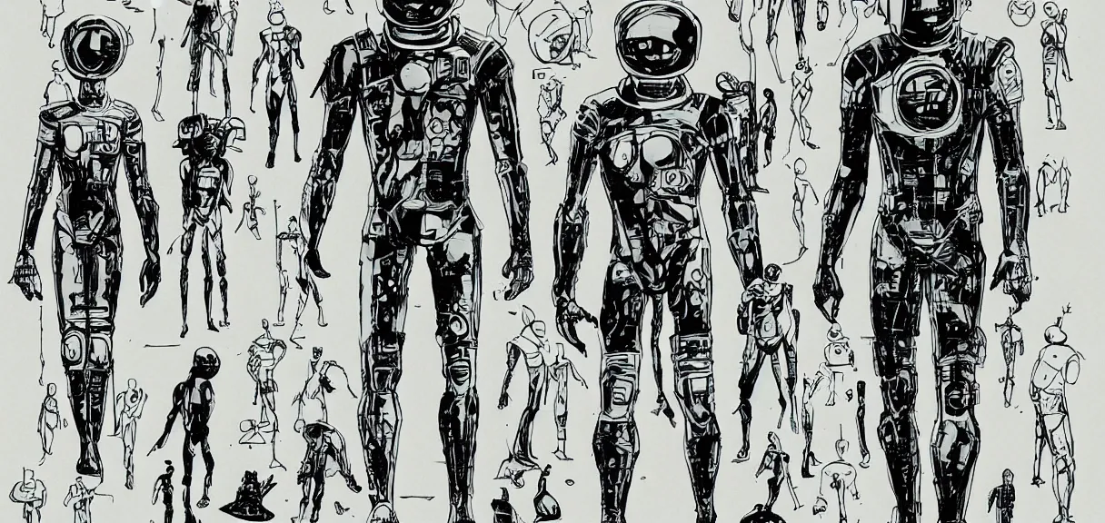 Image similar to male, full body, space suit with a modern helmet, large shoulders, short torso, long thin legs, tiny feet, character sheet, science fiction, very stylized character design, very stylized proportions, pen and ink, digital painting, watercolor wash, by mike mignola, by alex maleev, jean giraud