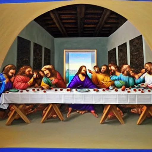 Prompt: painting of the last supper as pizza party