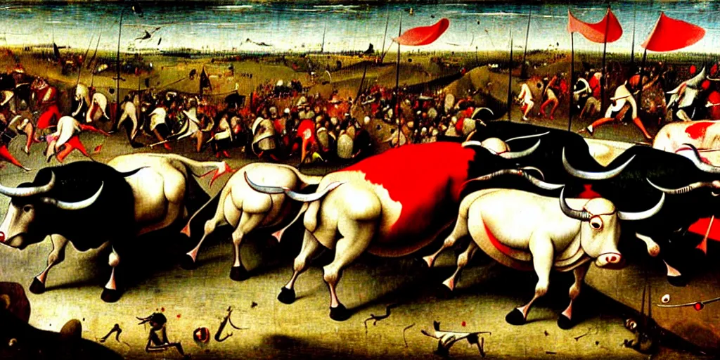 Prompt: the running of the bulls in pamplona, hundreds of people are fleeing from rampaging bulls in the city streets, art by hieronymus bosch, intricate, elegant, highly detailed, smooth, sharp focus, artstation