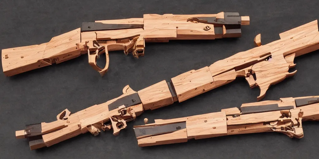 Image similar to a magic gun made out of wood, intricate details, professional