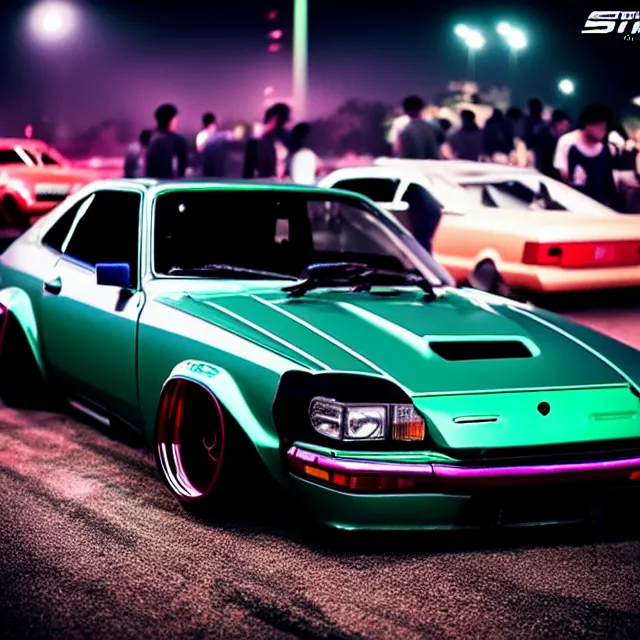 Image similar to a car S30 twin turbo drift at illegal car meet, Saitama prefecture, city midnight mist lights, cinematic lighting, photorealistic, highly detailed wheels, high detail