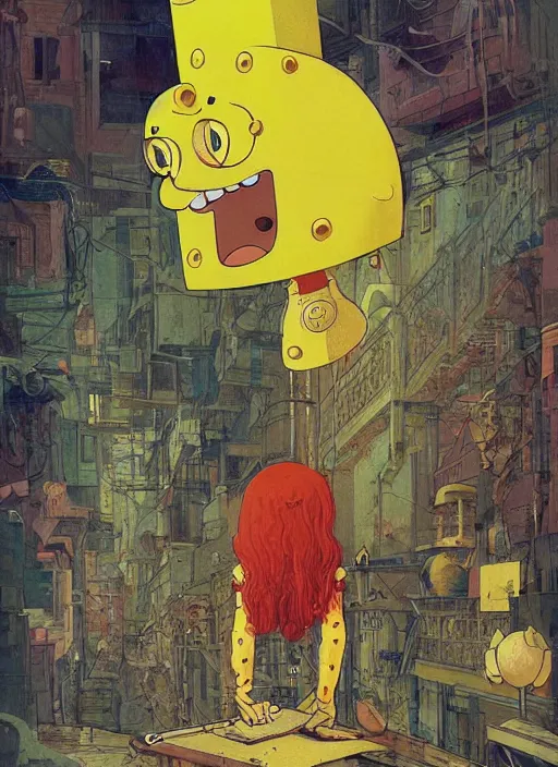 Prompt: sponge bob, eun emerging from renaissance italy into a cyberpunk mutiversal realm by conrad roset, nicola samuri, dino valls, m. w. kaluta, jakub rebelka, rule of thirds, seductive look, beautiful