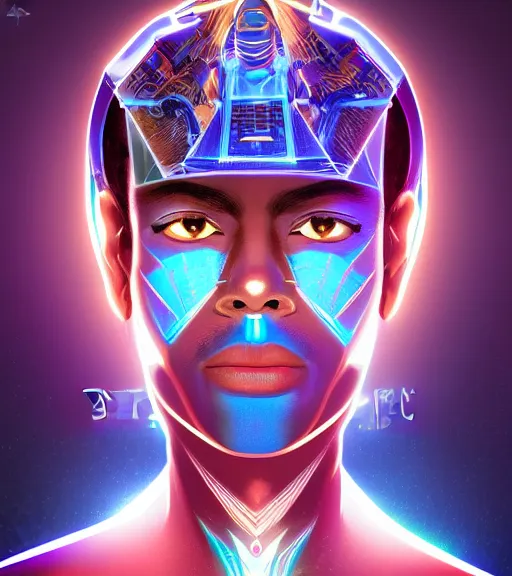 Image similar to symmetry!! egyptian prince of technology, solid cube of light, hard edges, product render retro - futuristic poster scifi, lasers and neon circuits, brown skin man egyptian prince, intricate, elegant, highly detailed, digital painting, artstation, concept art, smooth, sharp focus, illustration, dreamlike, art by artgerm