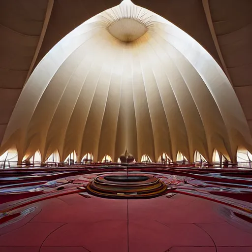 Prompt: interior of a futuristic lotus temple with gold, red and white marble panels, in the desert, by zaha hadid and buckminster fuller and syd mead, intricate contemporary architecture, photo journalism, photography, cinematic, national geographic photoshoot