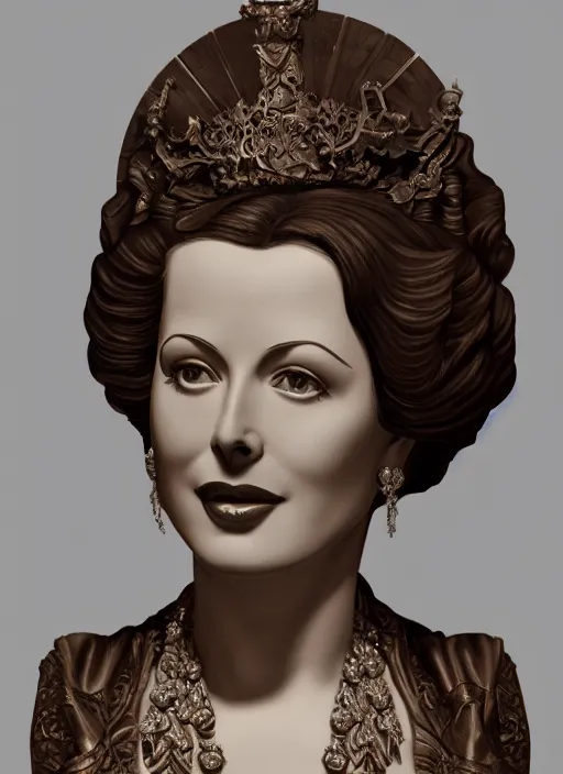 Image similar to high intricate bust of an hedy lamarr 1 9 4 0 carved from wood in baroque style, studio light, maria panfilova, andrea savchenko, mike kime, ludovic plouffe, qi sheng luo, oliver cook, trending on artstation
