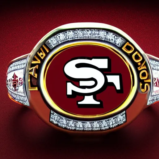 Image similar to San Francisco 49ers championship ring, diamonds, rubys, smooth lighthing, ultradetailed, 4k, trending on artstation, devianart and cgsociety, concept art