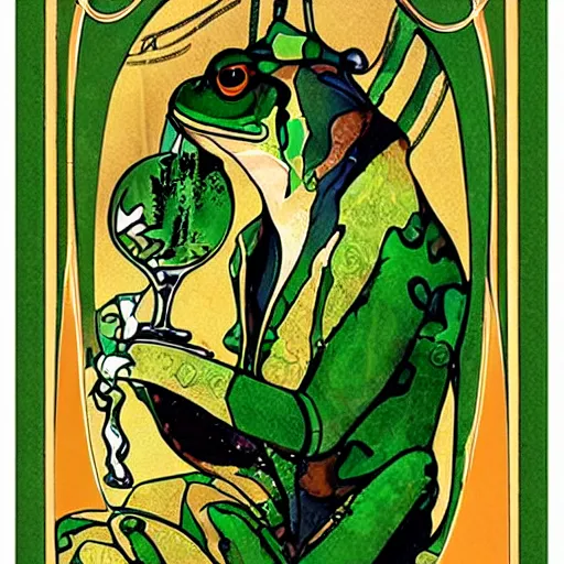 Image similar to art nouveau frog drinking absinthe on a spaceship