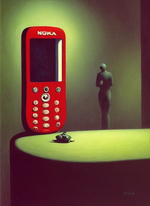 Prompt: Nokia 3310, Edward Hopper and James Gilleard, Zdzislaw Beksinski, Mark Ryden, Wolfgang Lettl highly detailed, hints of Yayoi Kasuma, Odilon Redon. Drexler