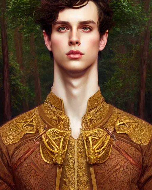 Image similar to symmetry portrait of welsh brunette prince in mans tunic, glam, fae, short hair, forest background, intricate, elegant, highly detailed, digital painting, artstation, concept art, smooth, sharp focus, illustration, art by artgerm and greg rutkowski and fra angelico and alphons mucha