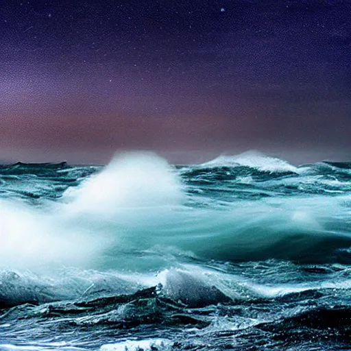 Prompt: stormy sea with waves forming like an heart in the horizon moon stars northern light