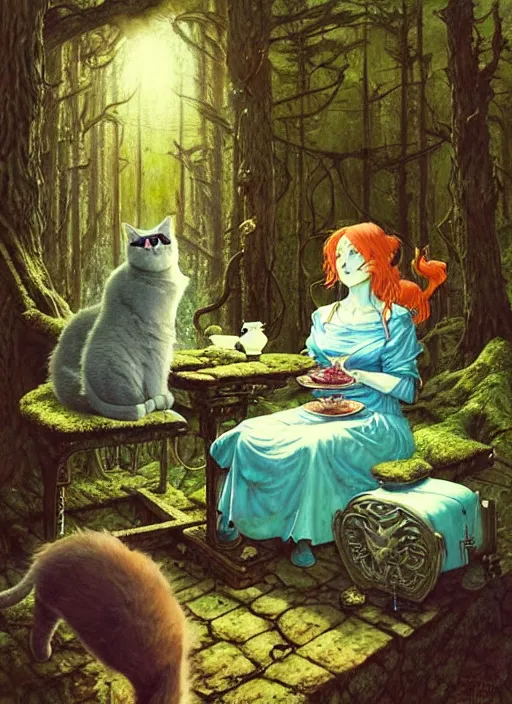 Image similar to cat having tea with a sorceress at a shrine in the woods gorgeous lighting, lush forest foliage blue sky a hyper realistic painting by chiara bautista and beksinski and norman rockwell and greg rutkowski weta studio, and lucasfilm