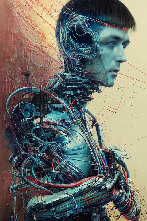 Image similar to portrait of computer & circuits, melting, gary vaynerchuk, 8 k, by tristan eaton, stanley artgermm, tom bagshaw, greg rutkowski, carne griffiths, ayami kojima, beksinski, giger, trending on deviantart, face enhance, hyper detailed, minimalist, cybernetic, android, blade runner, full of colour, super detailed