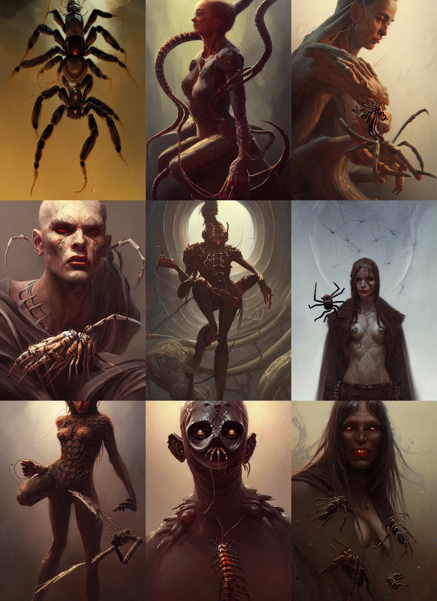 Prompt: a painting of an arachnid hunter, a character oil on canvas portrait by gerald brom and greg rutkowski, masterpiece, fantasy art, artstation hq