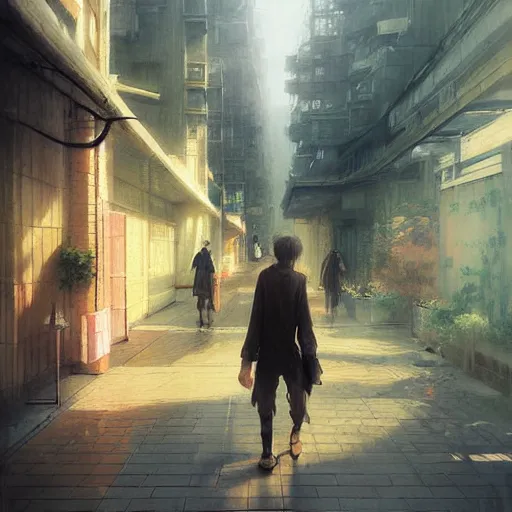 Prompt: walking from naka - meguro, tokyo. volumetric lighting, spring afternoon, overcast weather, realistic illustration, perfectly shaded, soft painting, art by krenz cushart and wenjun lin