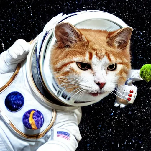 Prompt: cat in spacesuit with hamster in her mouth