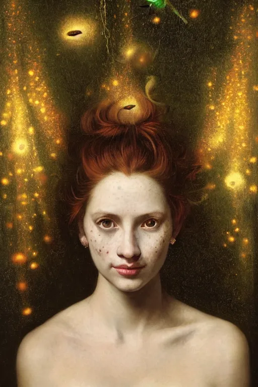 Image similar to portrait of happy a young woman, among the lights of golden fireflies and nature, long loose red hair, intricate details, bright green eyes, freckles on the nose, round gentle face, intricate dress, golden ratio, hyper realistic digital art by artemisia lomi gentileschi and caravaggio, gaston bussiere and tomacz alen kopera.