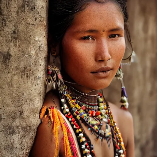 Prompt: portrait of a stunningly beautiful nepali tribal female, depth of field, zeiss lens, detailed, symmetrical, centered, fashion photoshoot, by Annie Leibovitz and Steve McCurry, David Lazar, Jimmy Nelsson, Breathtaking, 8k resolution, extremely detailed, beautiful, establishing shot, artistic, hyperrealistic, beautiful face, octane render