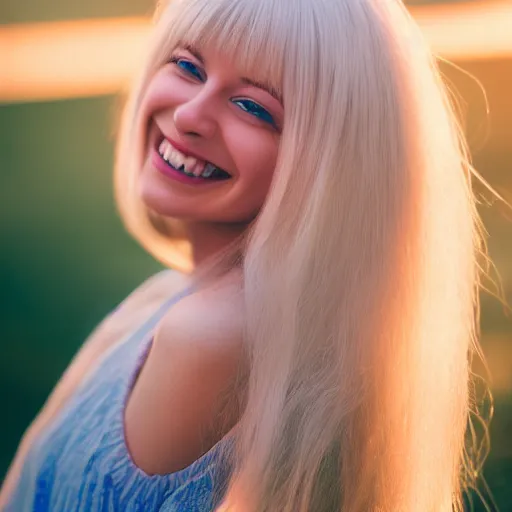 Image similar to beautiful hyperreal portrait of a cute young woman smiling softly, long white hair and bangs, flushed face, blue eyes, by juan francisco casas, golden hour, soft focus, 8 k, portra 4 0 0